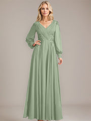 A-line V-Neck Floor-Length Chiffon Mother of the Bride Dress With Sequins Appliques Lace Pleated