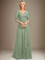 Empire V-Neck Floor-Length Lace Chiffon Mother of the Bride Dress With Cascading Ruffles Sequins