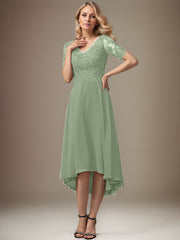 A-line V-Neck Asymmetrical Lace Chiffon Mother of the Bride Dress With Sequins