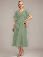 A-line V-Neck Tea-Length Chiffon Mother of the Bride Dress With Pleated Beading