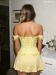 Charming Corset-style Yellow V-neck Off the Shoulder A-line Homecoming Dress Short Mini Dress With A Ruffled Hem