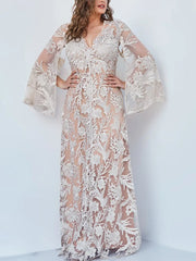 V-Neck Mesh Lace Maxi Dress