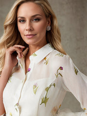 A-Line Collared Knee-Length Chiffon Evening Dress with Floral Printed