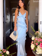 Gorgeous V-neck Light Blue Spaghetti Strap Mermaid Wedding Guest Dress,Prom Dress