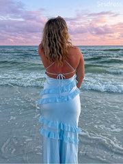 Gorgeous V-neck Light Blue Spaghetti Strap Mermaid Wedding Guest Dress,Prom Dress
