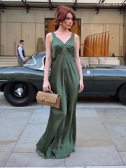 Elegant Chic Satin V-neck Straps A-line Wedding Guest Dress,Prom Dress