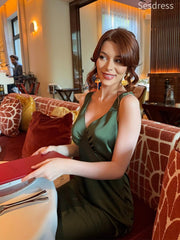 Elegant Chic Satin V-neck Straps A-line Wedding Guest Dress,Prom Dress