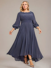 A-line Scoop Asymmetrical Chiffon Mother of the Bride Dress With Pleated Appliques Lace
