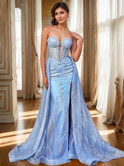 STRAPLESS GLITTER PRINTED GOWN & OVERSKIRT