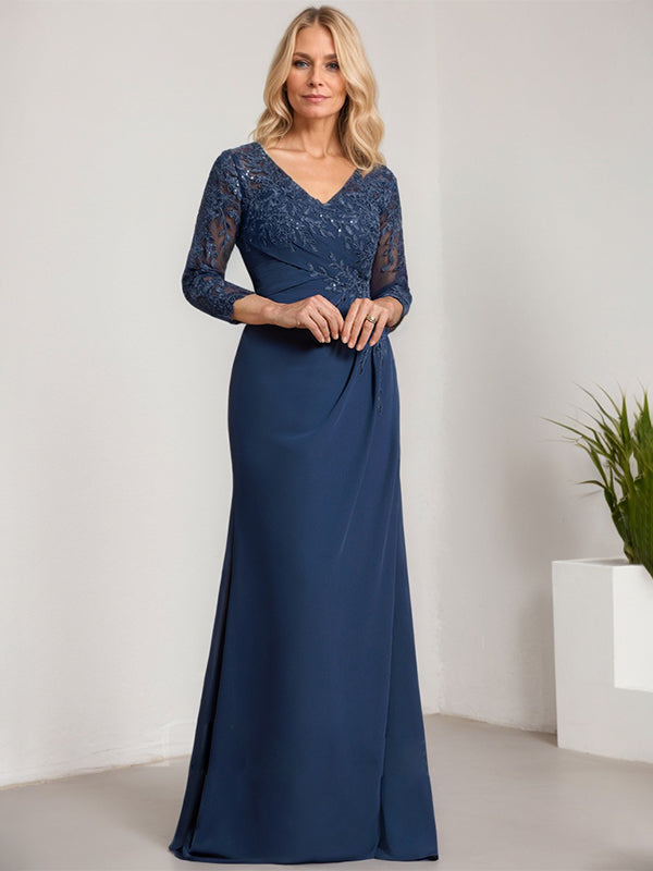 Sheath/Column V-Neck Illusion Floor-Length Lace Chiffon Mother of the ...