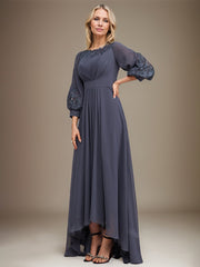 A-line Scoop Asymmetrical Chiffon Mother of the Bride Dress With Pleated Appliques Lace
