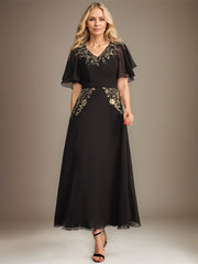 A-line V-Neck Ankle-Length Chiffon Mother of the Bride Dress With Bow Sequins Appliques Lace