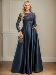 A-line Scoop Illusion Floor-Length Satin Sequin Lace Evening Dress With Pleated