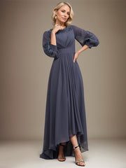 A-line Scoop Asymmetrical Chiffon Mother of the Bride Dress With Pleated Appliques Lace