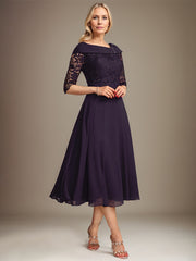 A-line Asymmetrical Tea-Length Chiffon Lace Mother of the Bride Dress With Beading Sequins