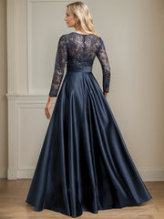 A-line Scoop Illusion Floor-Length Satin Sequin Lace Evening Dress With Pleated