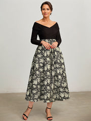 A-line Off the Shoulder Tea-Length Jacquard Chiffon Mother of the Bride Dress With Pleated