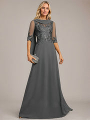 A-line Scoop Floor-Length Lace Chiffon Mother of the Bride Dress With Pleated Sequins