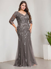Trumpet/Mermaid V-Neck Floor-Length Tulle Lace Evening Dress With Sequins