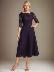 A-line Asymmetrical Tea-Length Chiffon Lace Mother of the Bride Dress With Beading Sequins