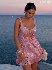Sparkly Sequins Pink V-neck Straps A-line Short Mini Dress Homecoming Dress