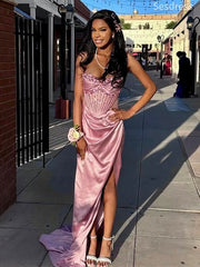 Gorgeous Pink Sweetheart Strapless Lace Side Slit Mermaid Long Evening Dress,Prom Dress