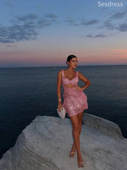 Sparkly Sequins Pink V-neck Straps A-line Short Mini Dress Homecoming Dress