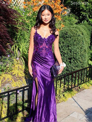 Gorgeous V-neck Illusion Purple See Through Lace Appliques Mermaid Long Prom Dress