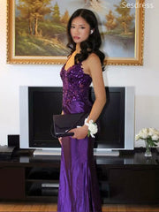 Gorgeous V-neck Illusion Purple See Through Lace Appliques Mermaid Long Prom Dress