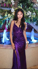 Gorgeous V-neck Illusion Purple See Through Lace Appliques Mermaid Long Prom Dress