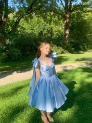 Gorgeous Blue Sweetheart Bow Tie Straps A-line Short Mini Dress Homecoming Dress