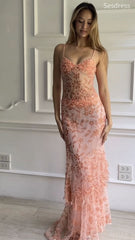 Gorgeous Pink Orange V-neck Lace Appliques Spaghetti Strap Mermaid Long Evening Dress,Prom Dress