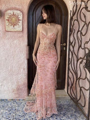 Gorgeous Pink Orange V-neck Lace Appliques Spaghetti Strap Mermaid Long Evening Dress,Prom Dress