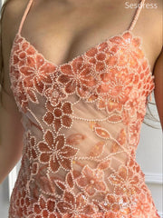 Gorgeous Pink Orange V-neck Lace Appliques Spaghetti Strap Mermaid Long Evening Dress,Prom Dress