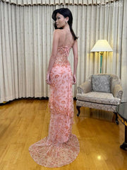 Gorgeous Pink Orange V-neck Lace Appliques Spaghetti Strap Mermaid Long Evening Dress,Prom Dress