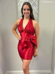 Gorgeous Red V-neck Halter Bow Tie Bodycon Short Mini Dress Homecoming Dress