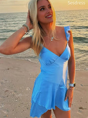 Elegant Blue V-neck Ruffle Straps A-line Short Mini Dress Homecoming Dress