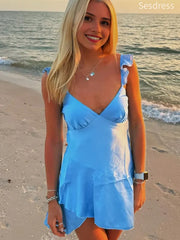 Elegant Blue V-neck Ruffle Straps A-line Short Mini Dress Homecoming Dress
