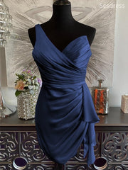 Classic Navy Blue One Shoulder V-neck Side Slit Bodycon Short Mini Dress Homecoming Dress