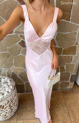 Elegant Pink V-neck Lace Straps Mermaid Long Evening Dress,Prom Dress
