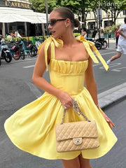 Elegant Yellow Pleats Straps Lace Up A-line Short Mini Dress Homecoming Dress