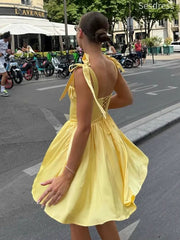 Elegant Yellow Pleats Straps Lace Up A-line Short Mini Dress Homecoming Dress