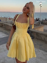 Elegant Yellow Pleats Straps Lace Up A-line Short Mini Dress Homecoming Dress
