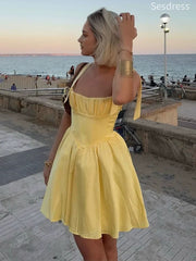 Elegant Yellow Pleats Straps Lace Up A-line Short Mini Dress Homecoming Dress