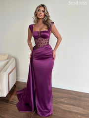 Premium Purple Beaded Illustion Pleats Straps Mermaid Wedding Guest Dress,Prom Dress