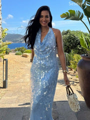Sparkly Solid Color Sequins Halter Plunging Neckline Backless Mermaid Long Evening Dress,Prom Dress