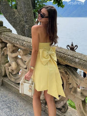 Simple Yellow Strapless Bow Tie A-line Short Mini Dress Homecoming Dress