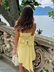 Simple Yellow Strapless Bow Tie A-line Short Mini Dress Homecoming Dress