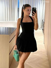 Elegant Black Square Halter A-line Short Mini Dress Homecoming Dress