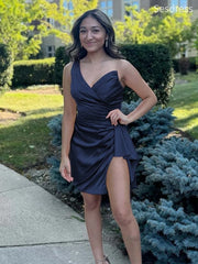Classic Navy Blue One Shoulder V-neck Side Slit Bodycon Short Mini Dress Homecoming Dress